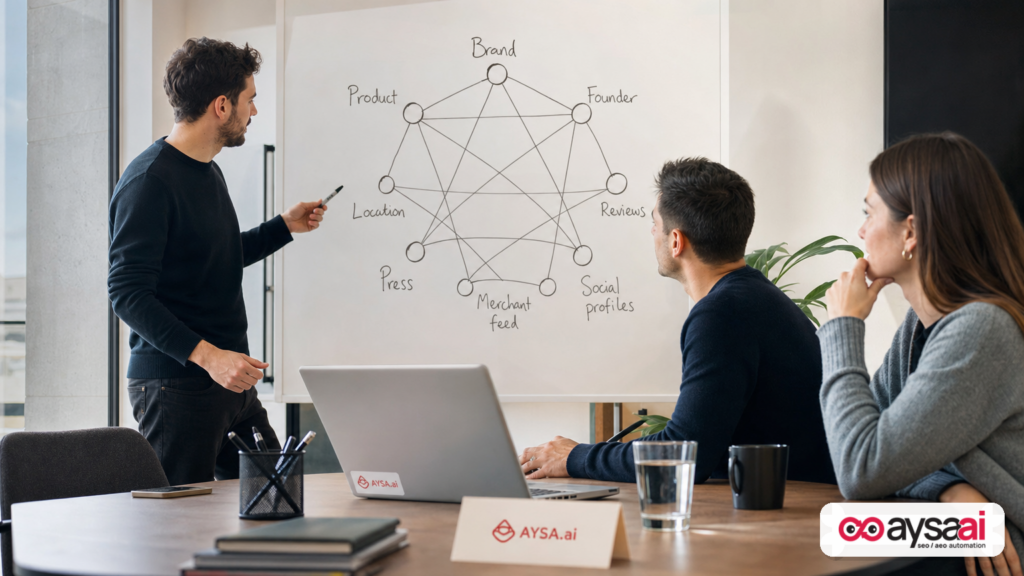 Team mapping brand, product, and location entities as a connected graph on a whiteboard.