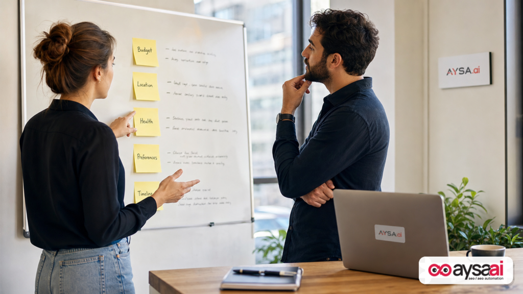 Team mapping customer context signals like budget and location while reviewing AI chat results.