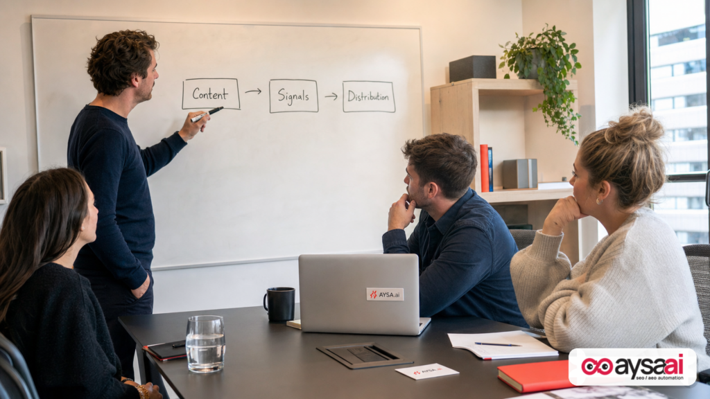 Team mapping how content and signals influence distribution in a Discover-style system update.