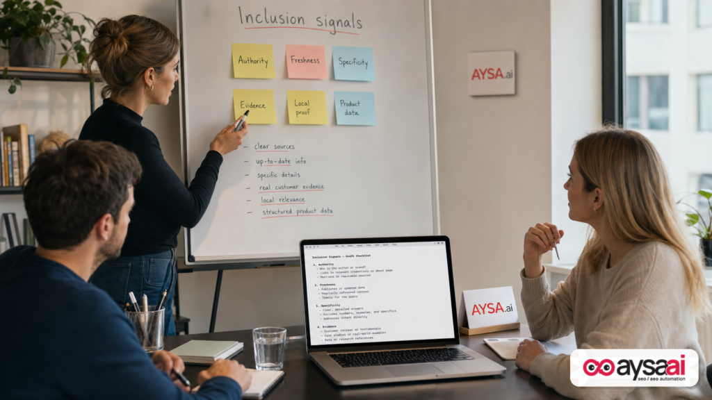 Team mapping inclusion signals for AI search updates on a whiteboard.