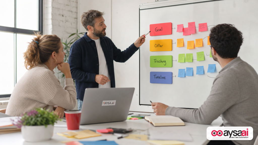 Team mapping layered expectations on a whiteboard before launching paid search.
