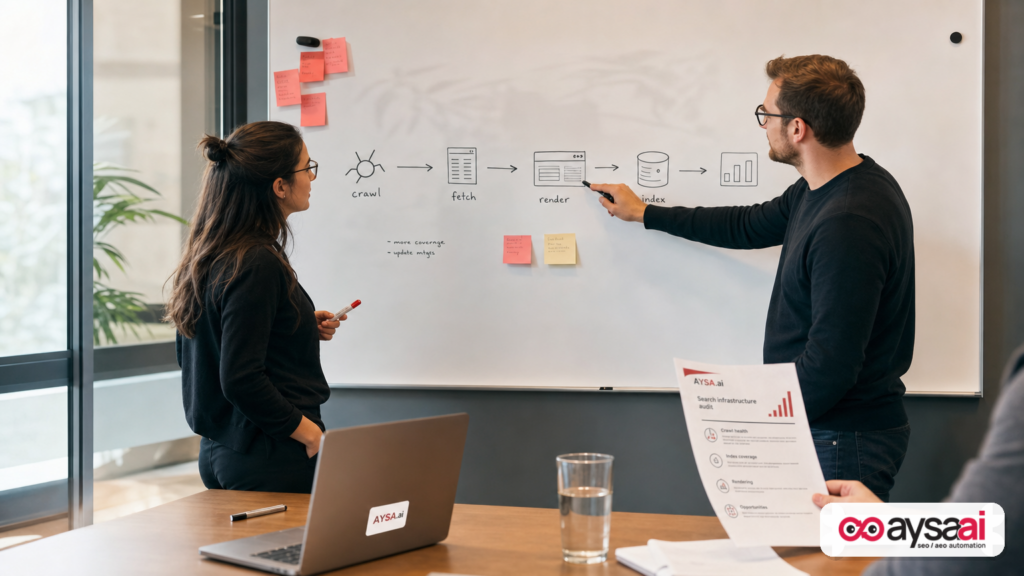 Team mapping the crawl-fetch-render-index pipeline on a whiteboard