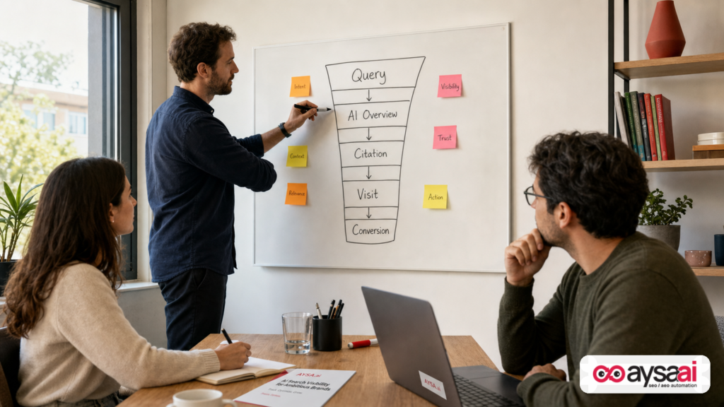 Team mapping the new AI search journey from query to AI answer citations to visits and conversions.