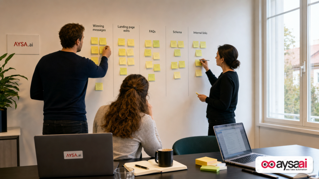 Team maps winning ad messages to landing page updates, FAQ content, schema, and internal linking tasks.