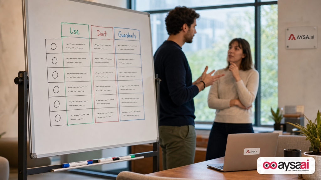 Team meeting with a whiteboard showing an AI use decision matrix.