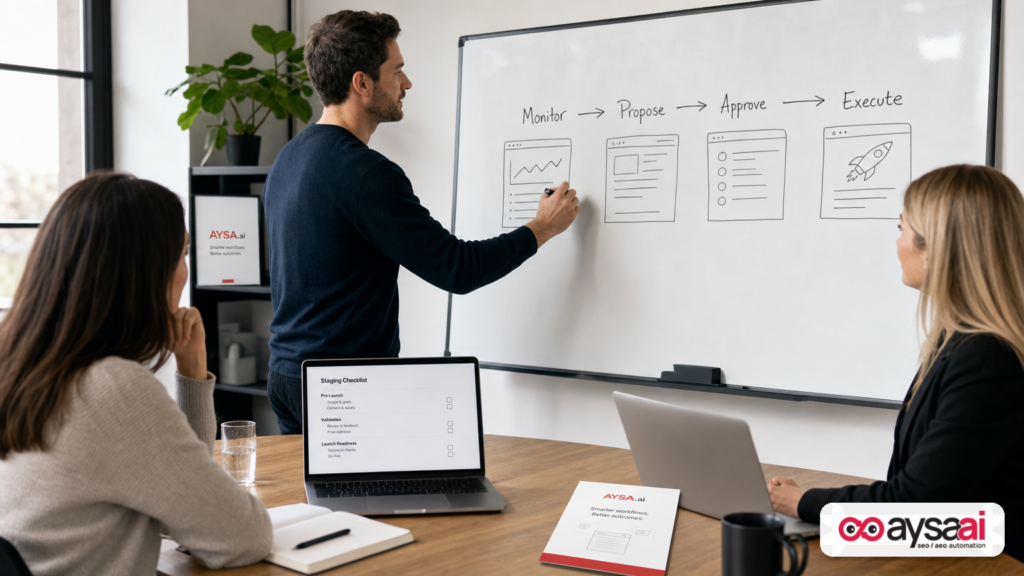Team planning a monitor-approve-execute workflow for AI-driven SEO changes.