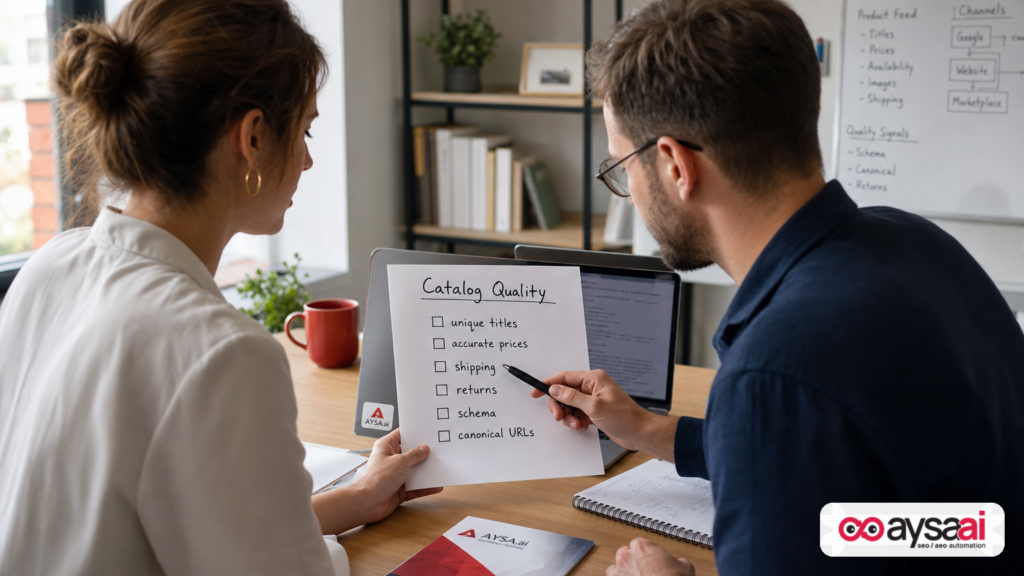 Team reviewing a catalog quality checklist for product data, schema, and landing pages.