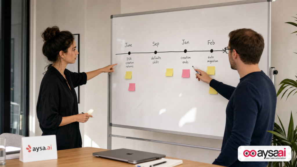 Team reviewing a hand-drawn campaign migration timeline on a whiteboard.