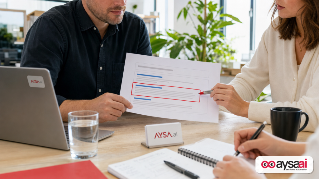 Team reviewing a printed mock search snippet with the description area highlighted.