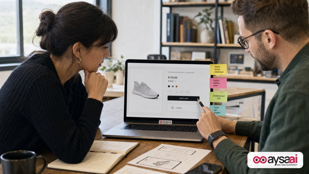 Team reviewing a product page mock with callouts for stable layout, visible states, and large tap targets