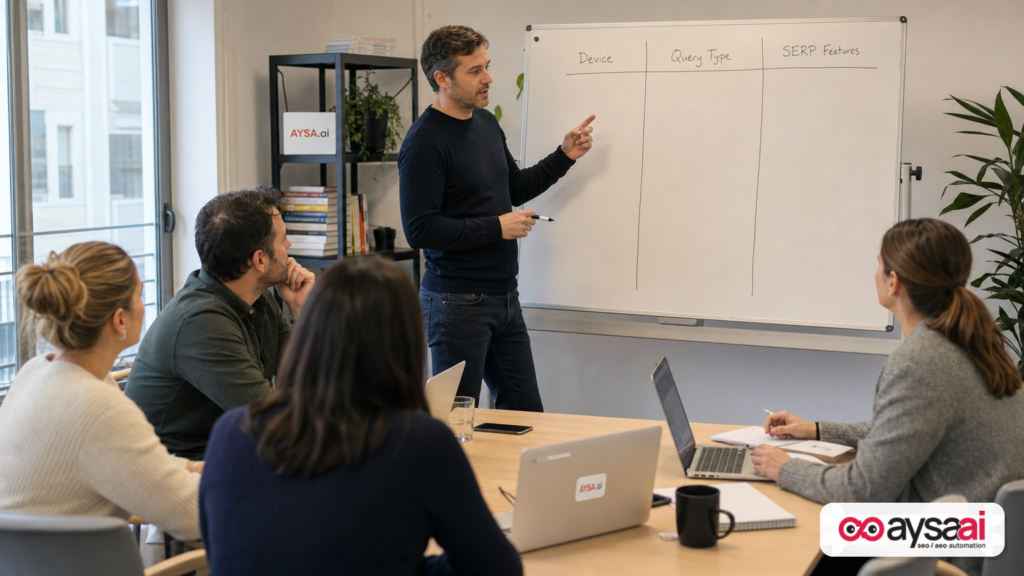 Team reviewing a simple framework on a whiteboard for segmenting CTR measurement.