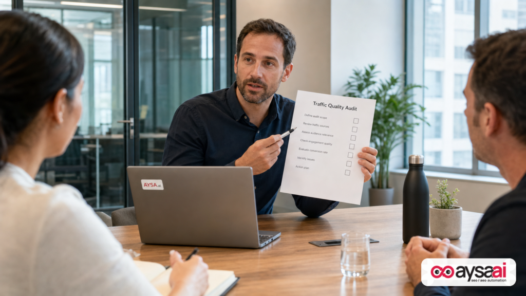 Team reviewing a traffic quality audit checklist during a meeting.
