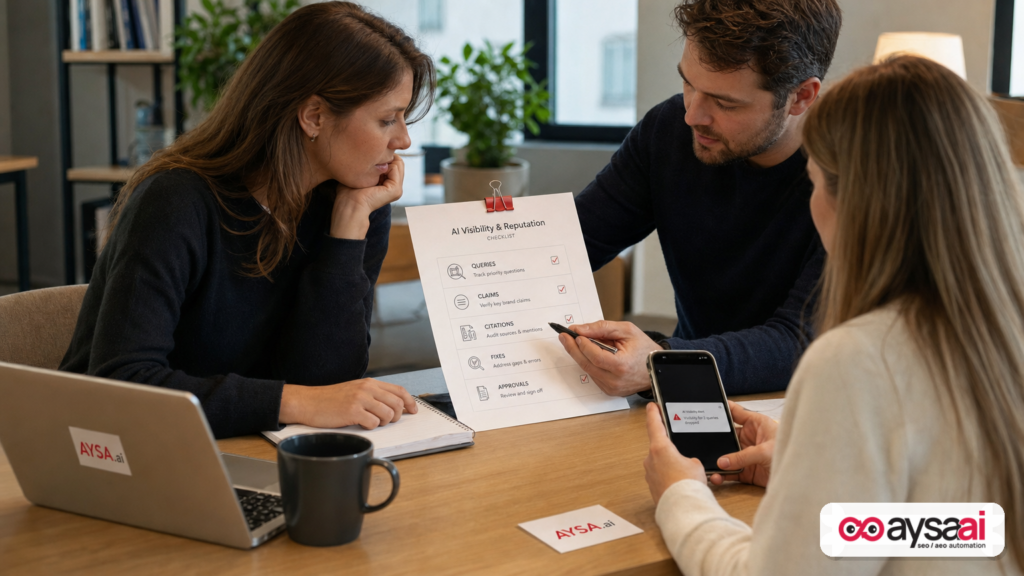 Team reviewing an AI visibility and reputation checklist with monitoring and approval steps.
