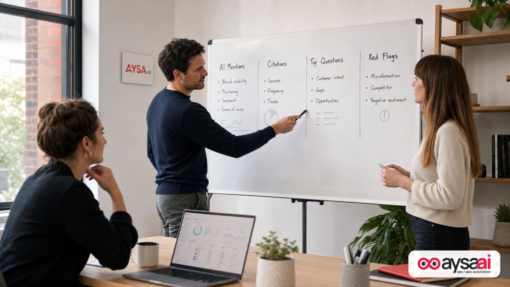 Team reviewing an AI visibility monitoring checklist during a weekly meeting