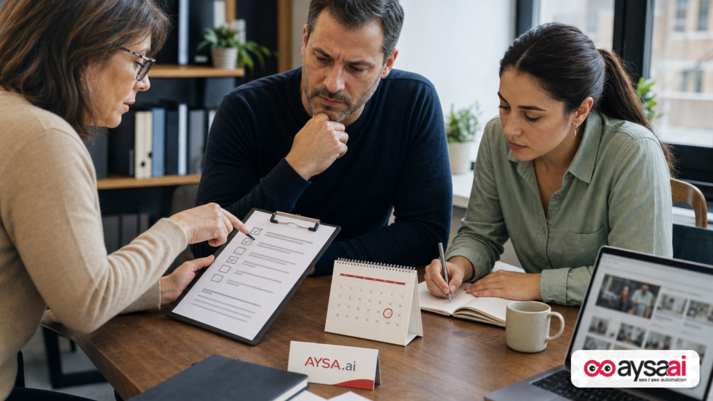 Team reviewing an ad campaign checklist with a deadline calendar and blurred creative preview.