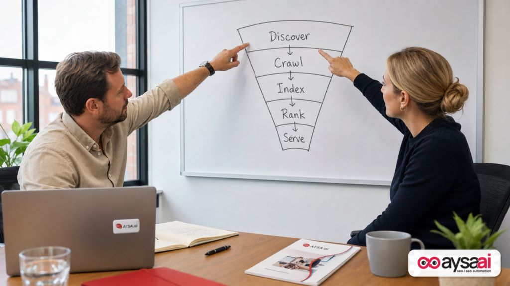 Team reviewing the search discovery-to-ranking funnel on a whiteboard