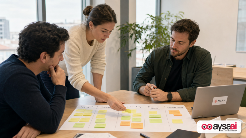 Team sorting website types into aggregator versus destination sources during an SEO planning session.