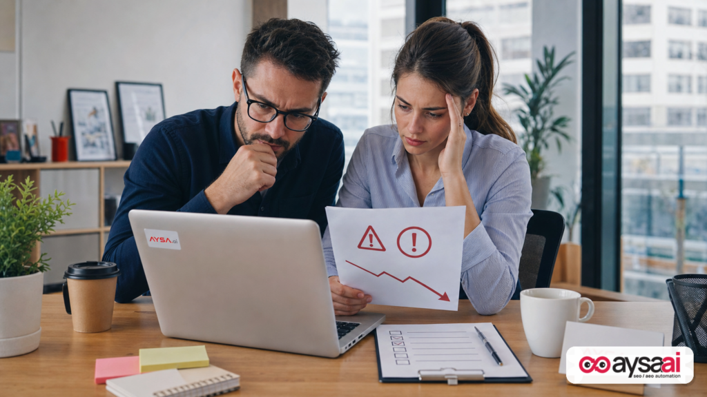 Team troubleshooting a sudden product listing issue on a laptop with printed alerts.