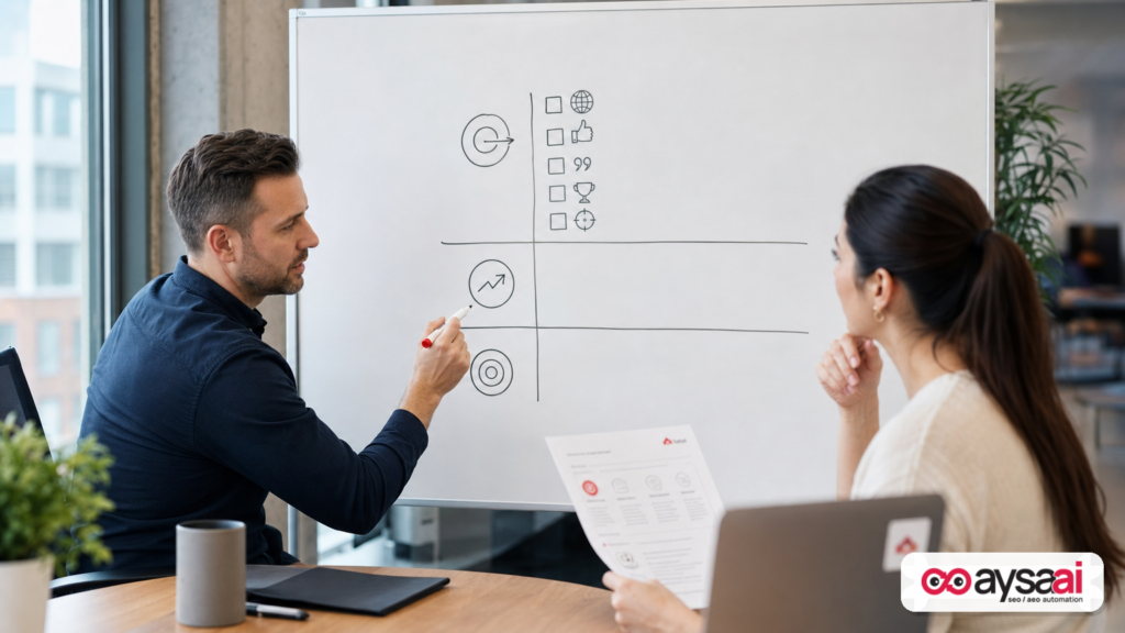 Team workshop mapping an AI search measurement framework with presence metrics on a whiteboard.