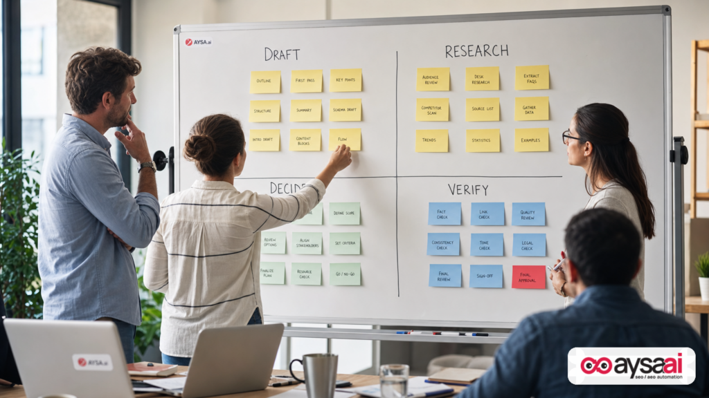Team workshop mapping which marketing tasks AI can draft versus where humans must decide and verify.