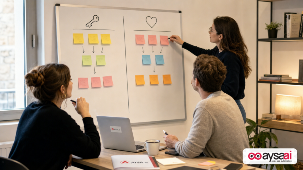 Team workshop showing a two-part framework for AI search visibility: accessibility and content people want.