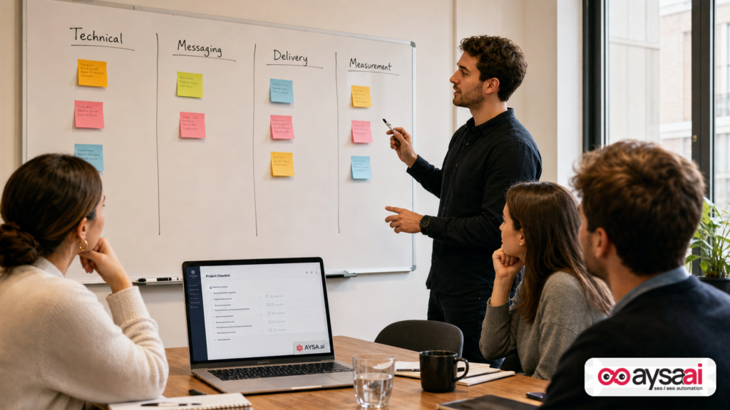 Team workshop whiteboard organized into technical, messaging, delivery, and measurement columns for AI search readiness.