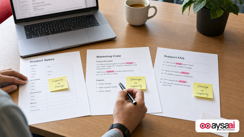 Three business documents with conflicting terminology marked up with notes, illustrating internal misalignment that can confuse AI answers.