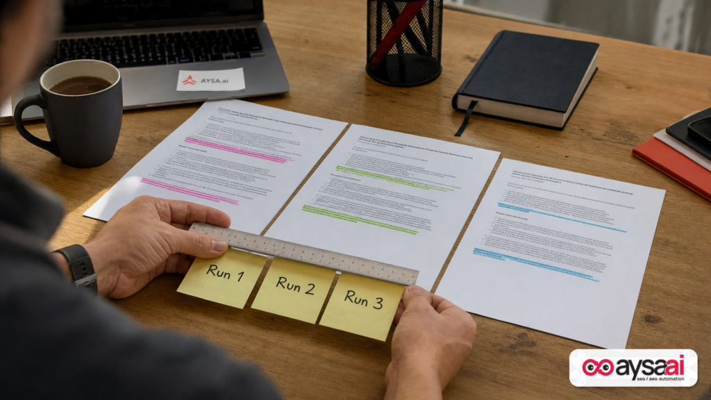 Three different AI answer printouts showing variation across repeated runs, illustrating why prompt tracking needs multiple samples.