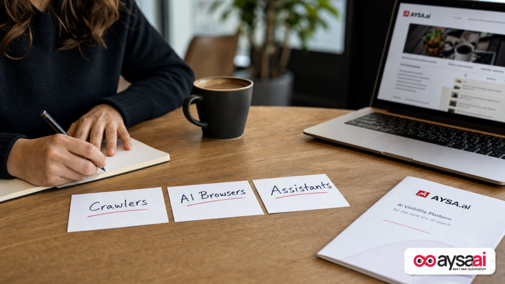 Three index cards representing crawlers, AI browsers, and assistants next to a laptop in a business workspace.