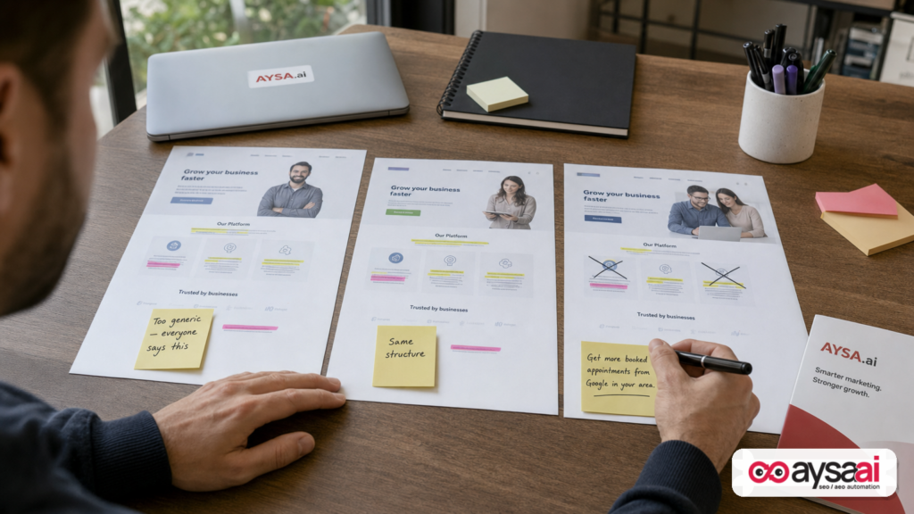 Three similar landing pages highlighted to show AI-driven sameness and a hand rewriting generic lines.