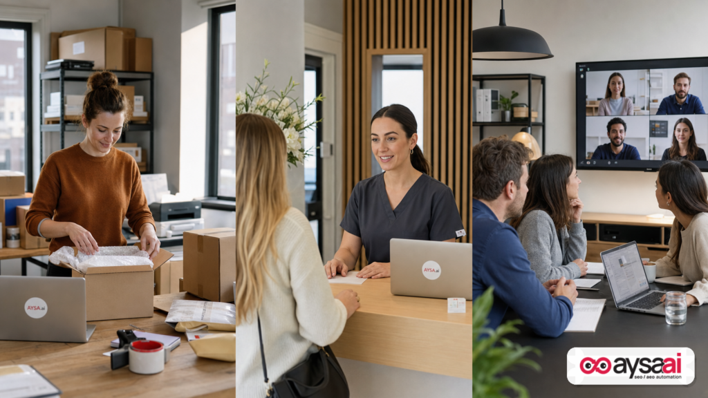 Three small-business environments: ecommerce packing, a clinic front desk, and a B2B team meeting.