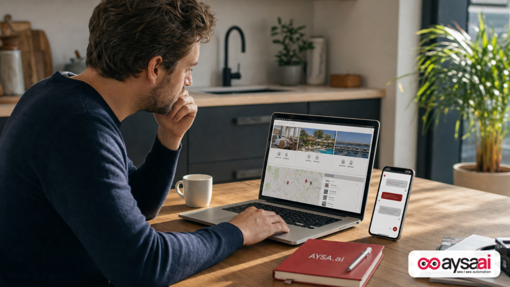 Traveler planning a trip with a laptop and phone, comparing hotel amenities and itinerary details.