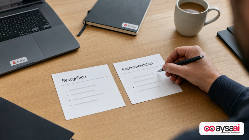 Two cards labeled Recognition and Recommendation on a marketer’s desk, highlighting the gap between being understood and being suggested by AI.