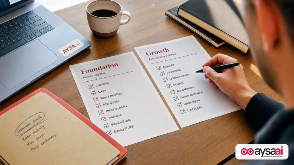 Two checklists showing SEO foundation tasks versus growth levers like PR, original research, and citations.