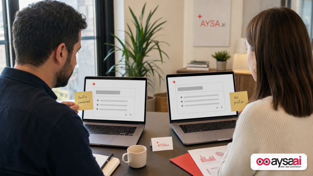 Two colleagues comparing different AI answer layouts on laptops to illustrate personalized AI search outputs.