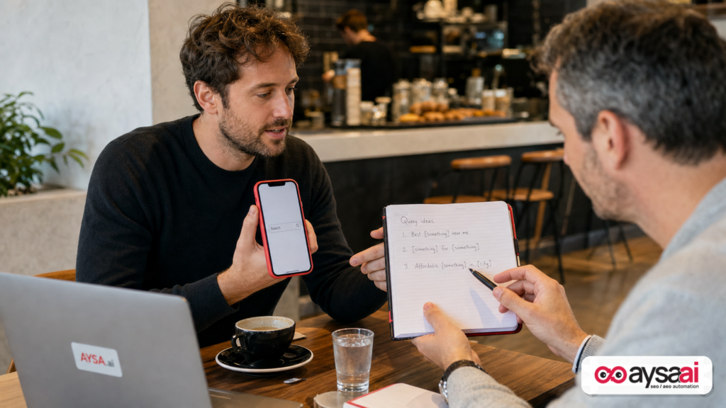 Two colleagues refining search queries on a phone during a coffee shop working session.
