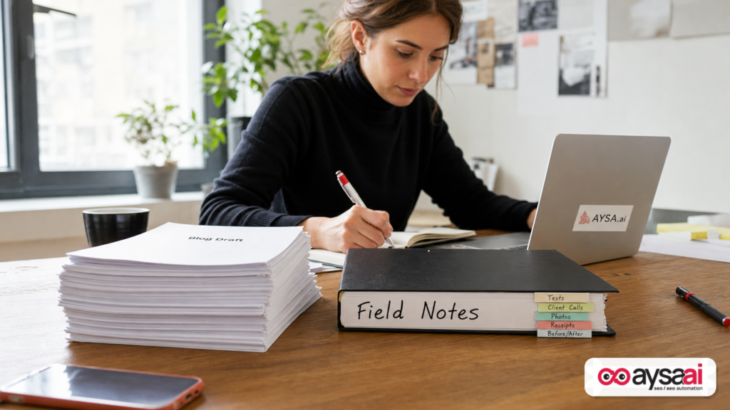 Two document stacks contrasting generic drafts with a binder of real-world field notes and tests.