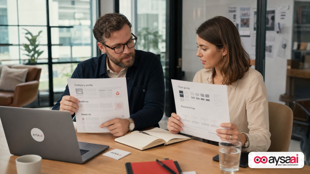 Two marketers reviewing core client brain files that guide AI work.