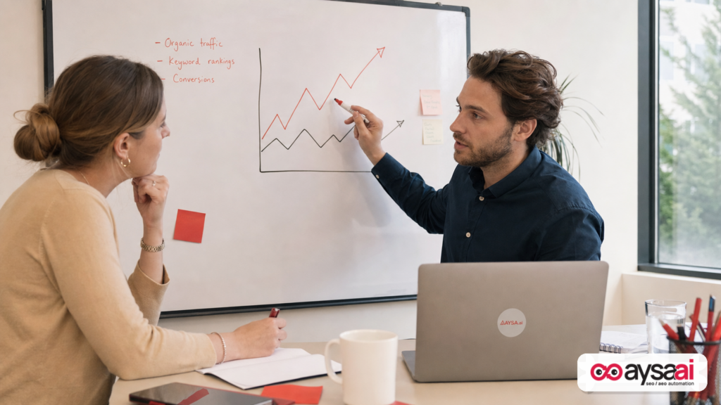 Two marketers reviewing fluctuating search trend lines during a core update.