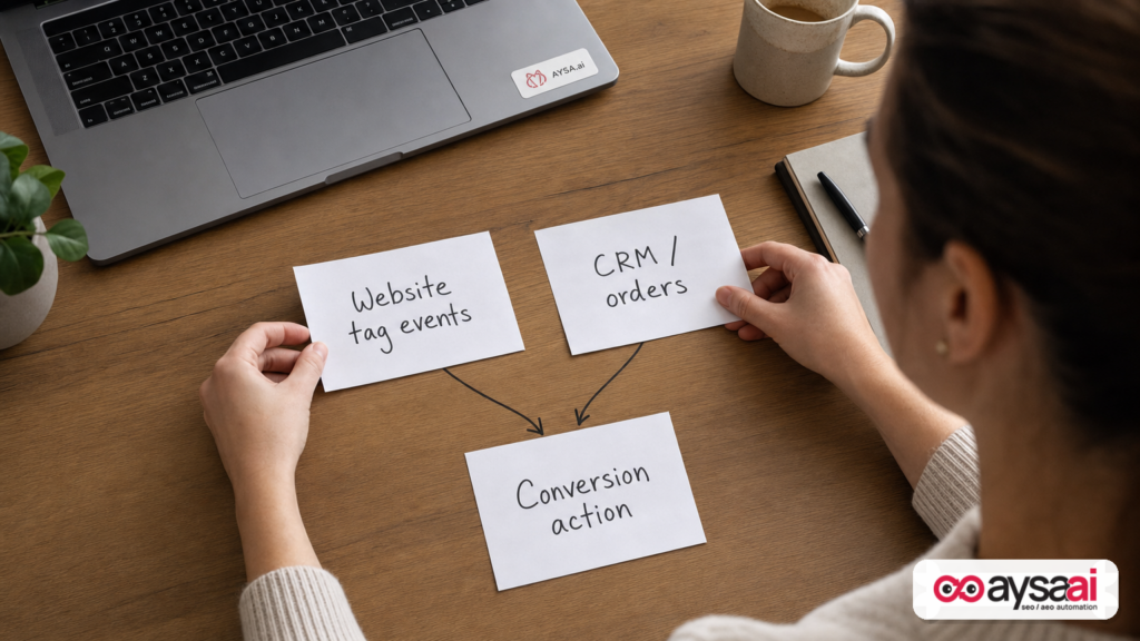 Two paper workflows—website tag events and CRM orders—merging into one conversion action concept