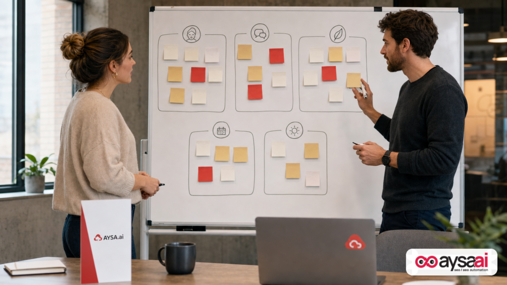 Two people grouping sticky notes into topic clusters on a whiteboard during content planning.