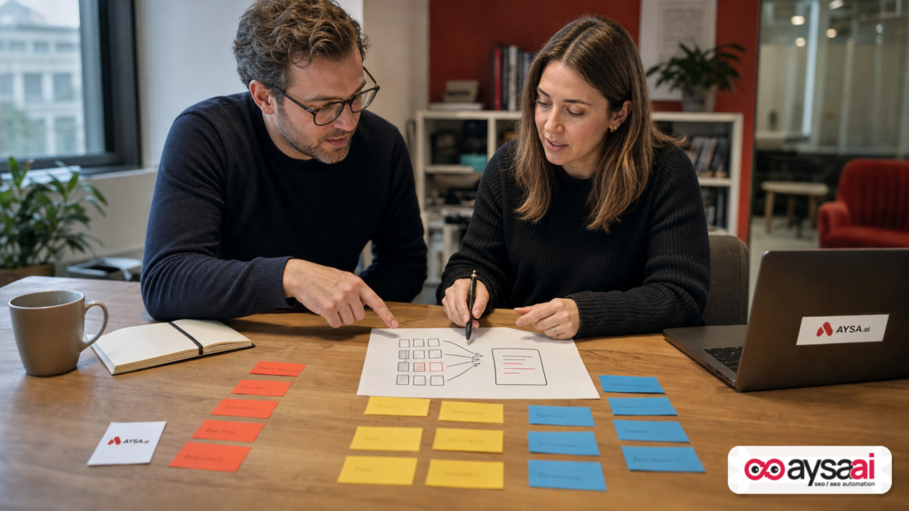 Two people mapping how AI systems retrieve content passages and assemble answers.