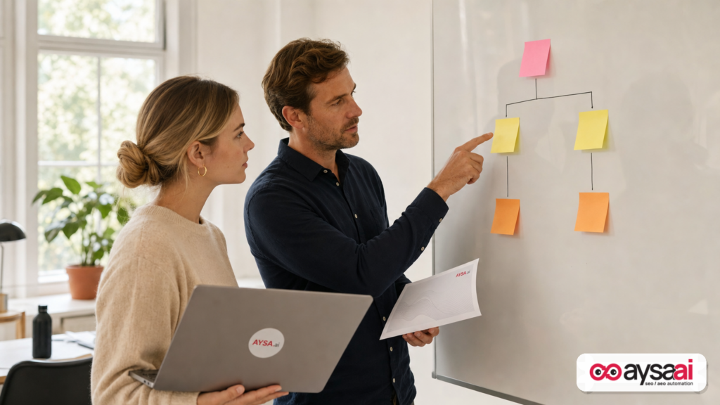 Two-person team mapping possible causes of missing Google pages on a whiteboard.