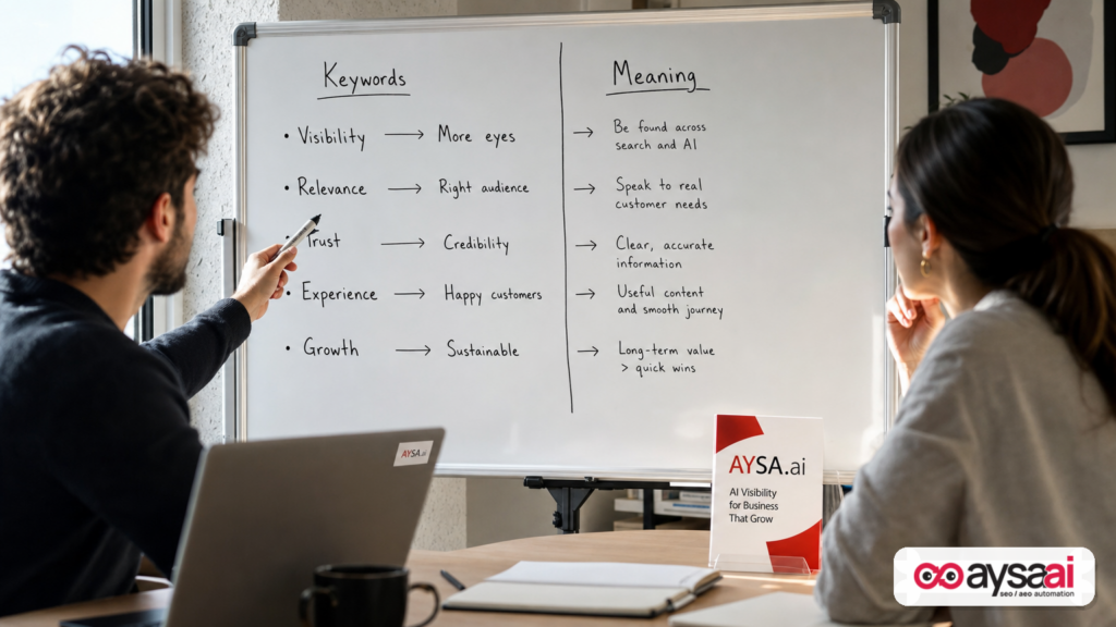 Whiteboard comparing keyword matching versus meaning-based retrieval in a content planning session.