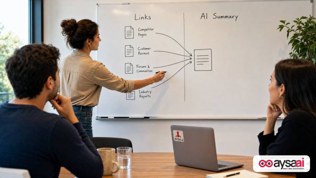 Whiteboard diagram comparing traditional search links vs AI-generated summaries as standalone statements.