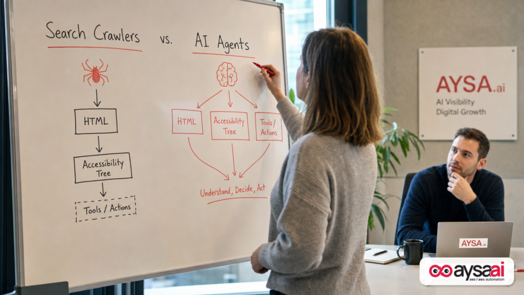 Whiteboard diagram explaining how AI agents use HTML, the accessibility tree, and site tools compared to search crawlers.
