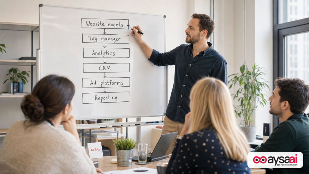 Whiteboard diagram showing a measurement stack from website events to CRM and reporting.