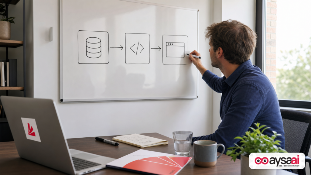 Whiteboard diagram showing feed, schema, and website as connected sources of product data.