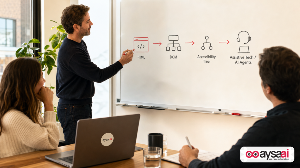 Whiteboard diagram showing how HTML becomes the accessibility tree used by assistive technology and AI agents