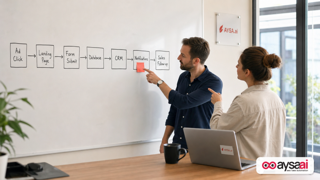 Whiteboard diagram showing steps where lead delivery can fail after form submission